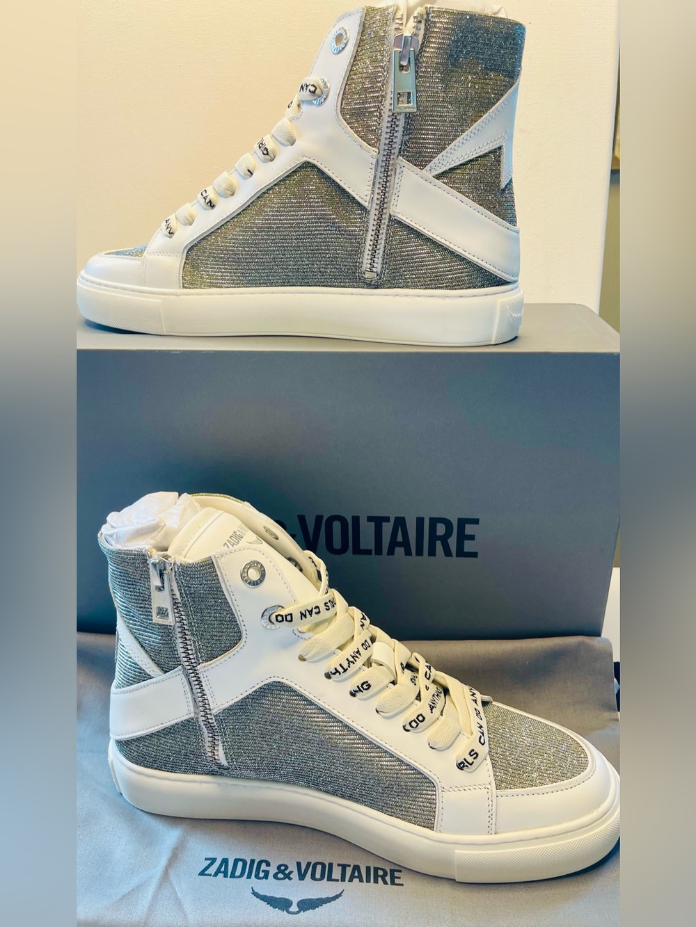 NIB ZADIG & VOLTAIRE HIGH FLASH SPARKLE HIGH TOP WOMENS LEATHER SNEAKERS EU 38